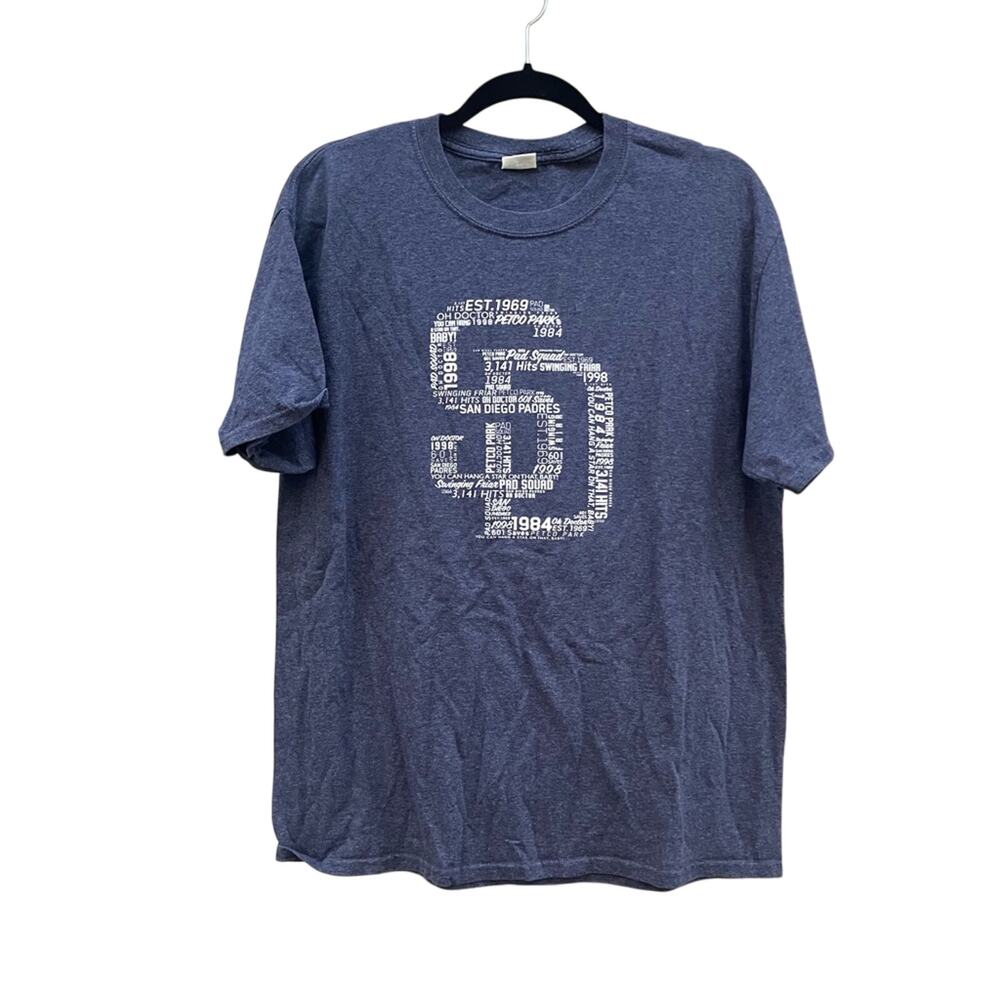 San Diego Padres blue script shirt, ‘Pad Squad’ game tee, men’s large